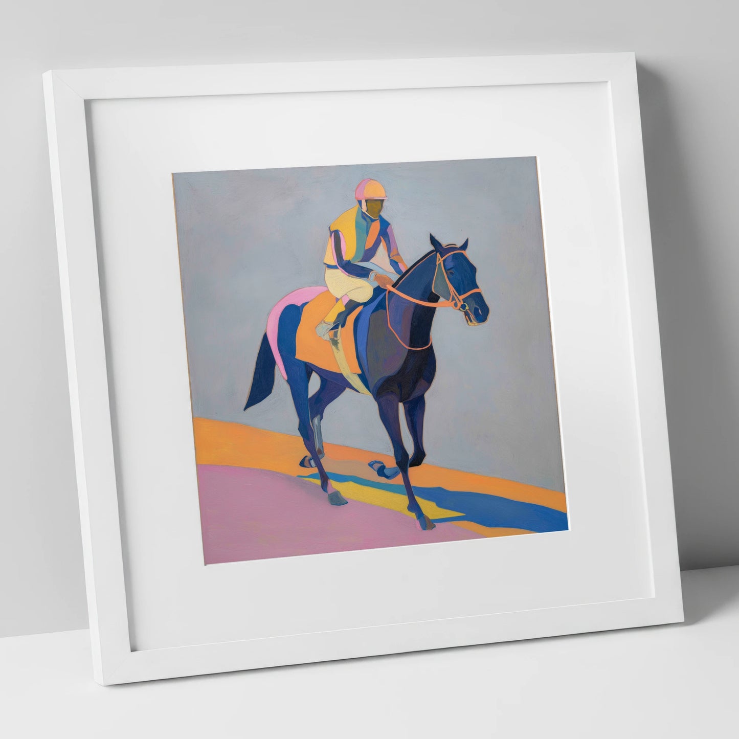 Colours To The Post racing horse art print in white frame