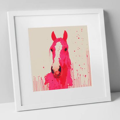 Vibrant Magenta Blaze horse portrait art print in white frame