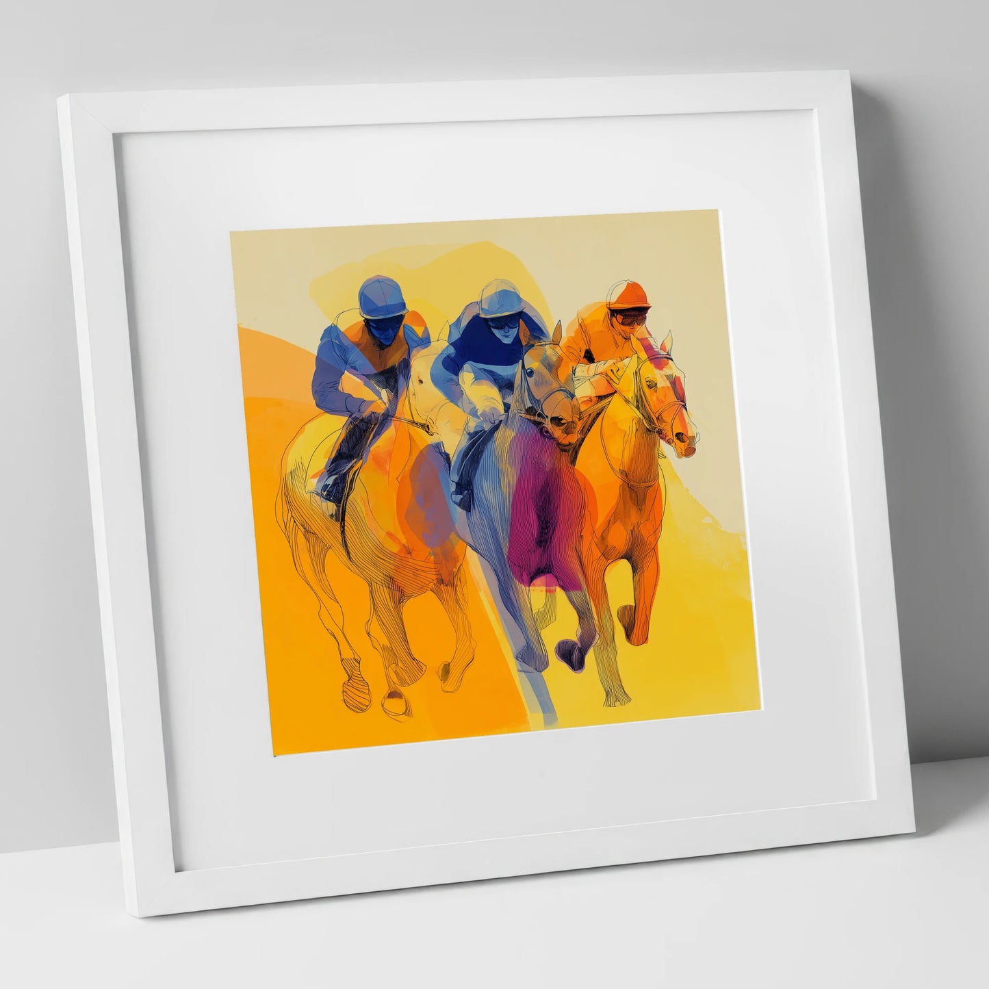 The Final Furlong racing horse art print in white frame