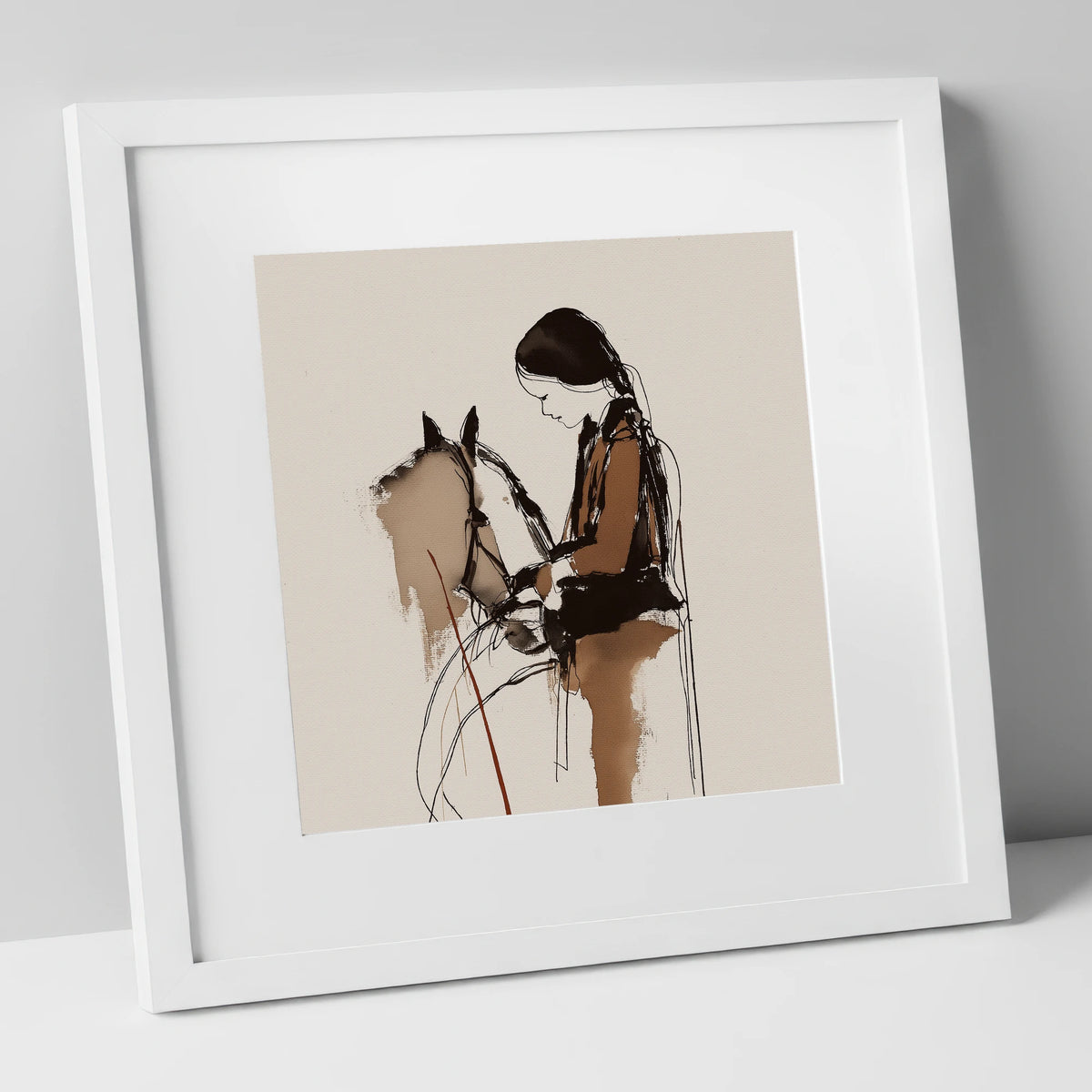 Rider and Horse Sepia Profile horse & rider art print in white frame