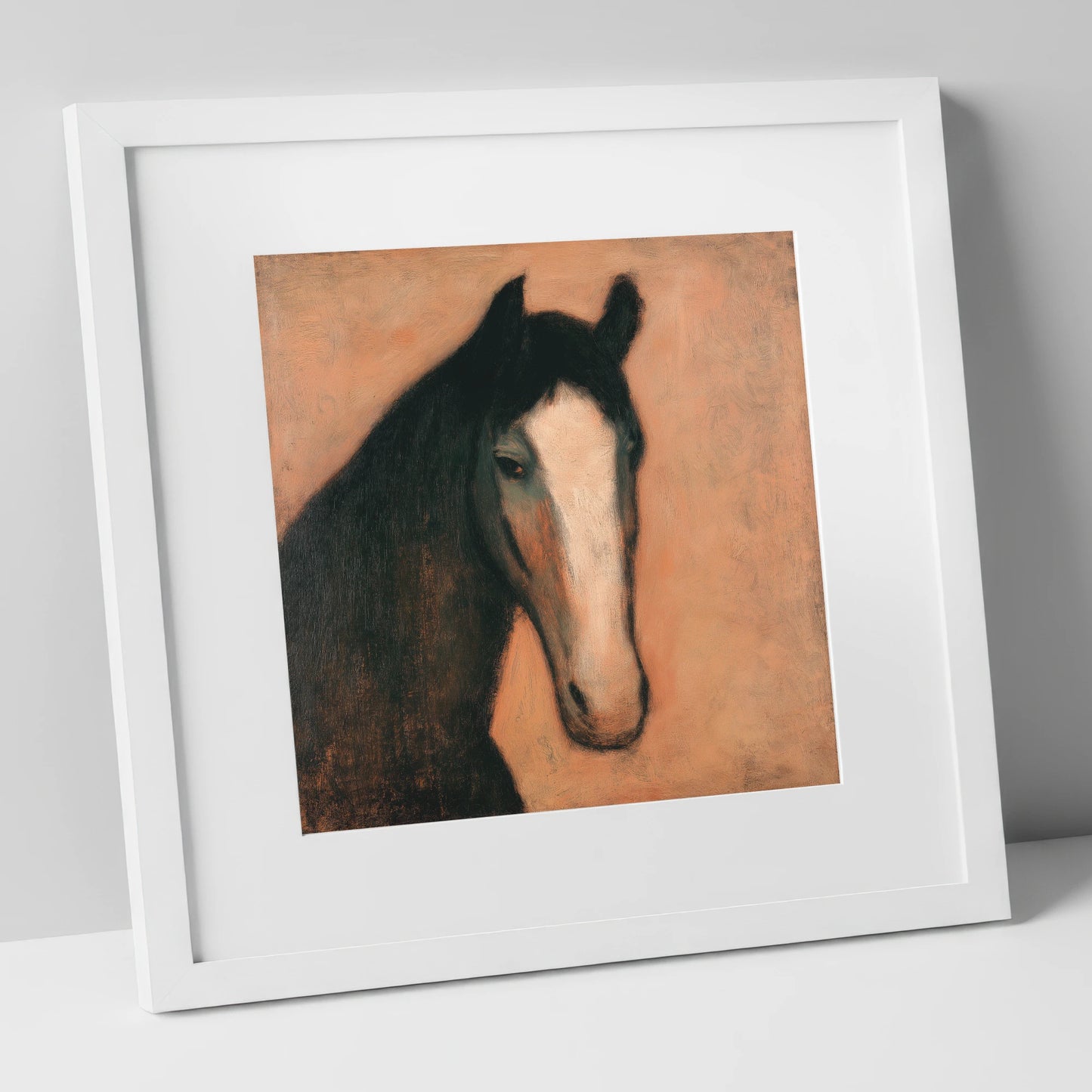 Dignity in Shadows horse portrait art print in white frame