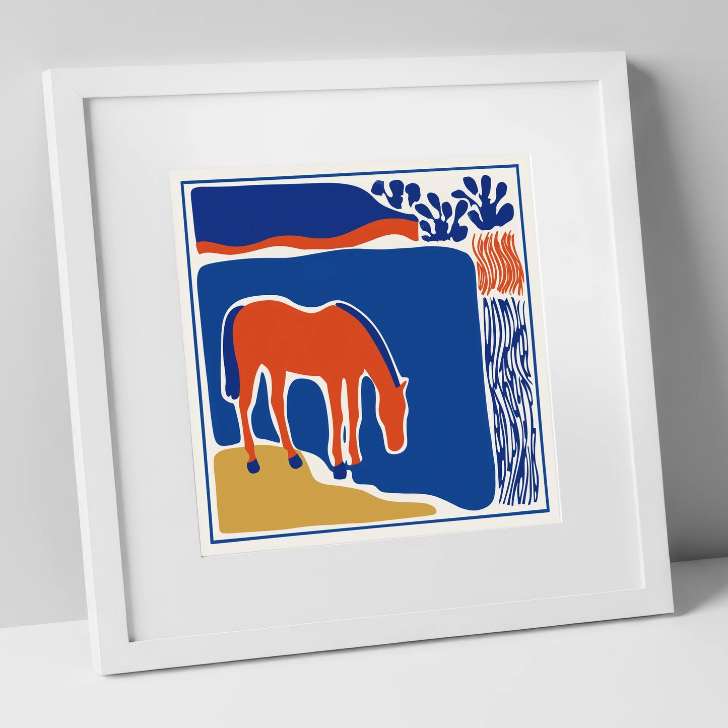 Abstract Azure Grazer horse landscape art print in white frame