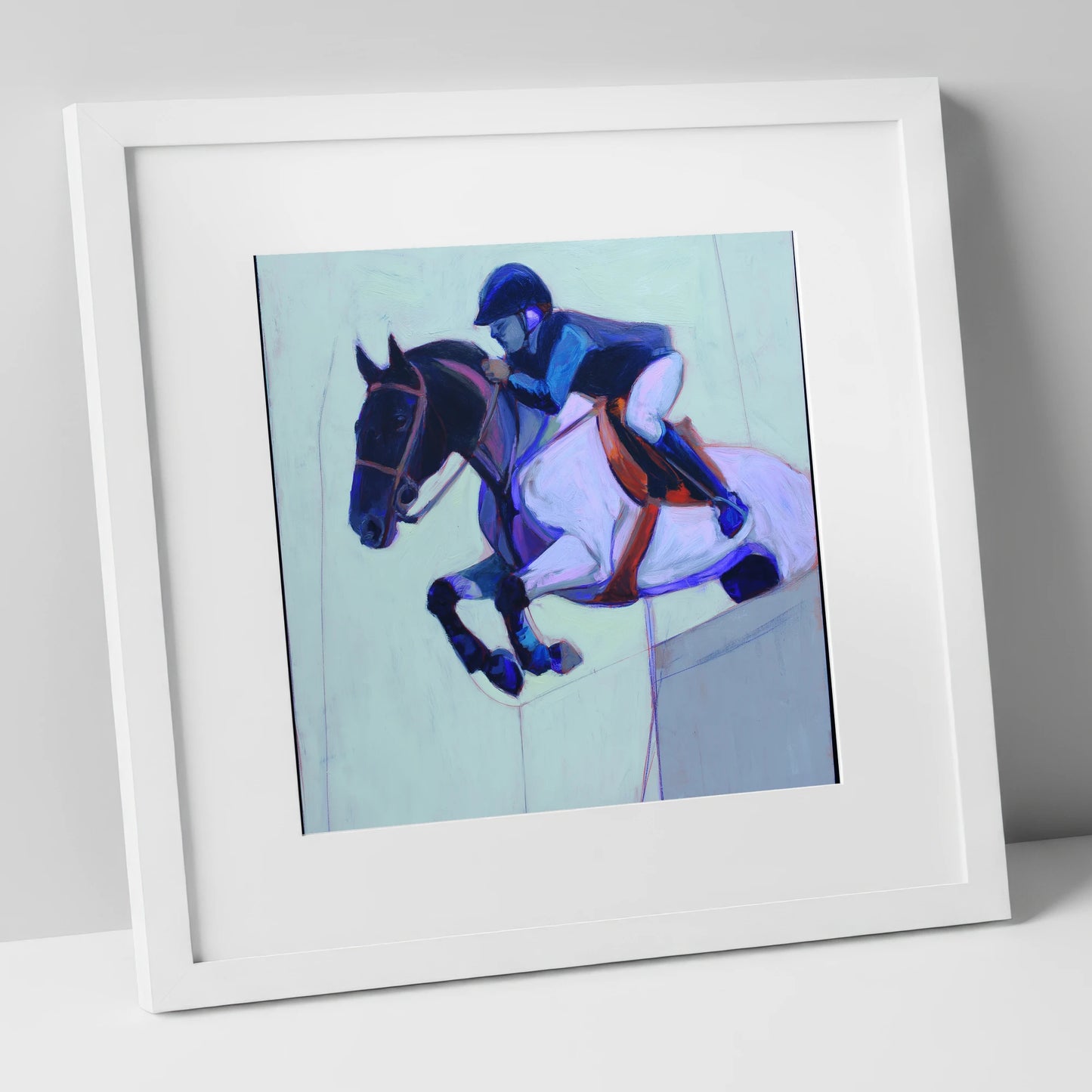 Indigo Flight show jumping horse art print in white frame