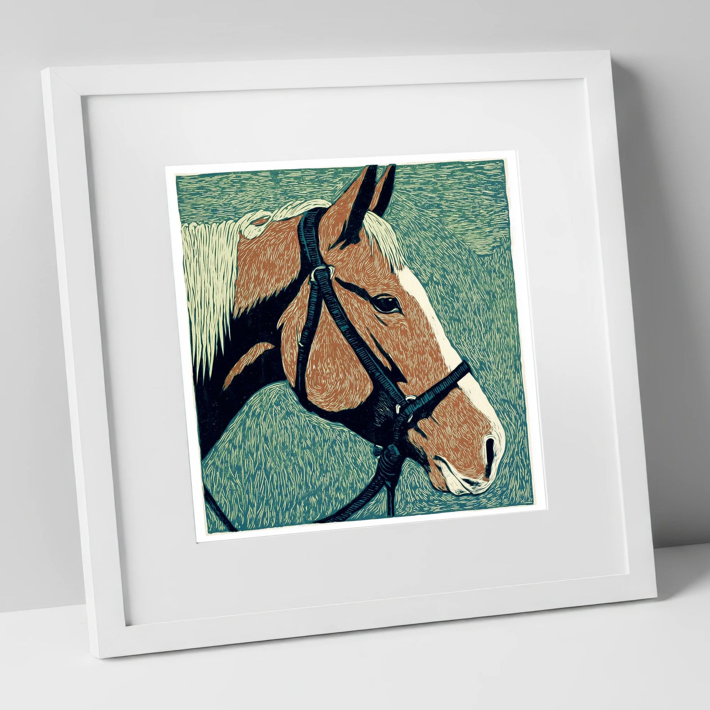 Bold Chestnut Profile horse portrait art print in white frame