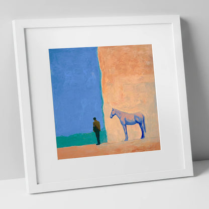 Silent Understanding horse & rider art print in white frame