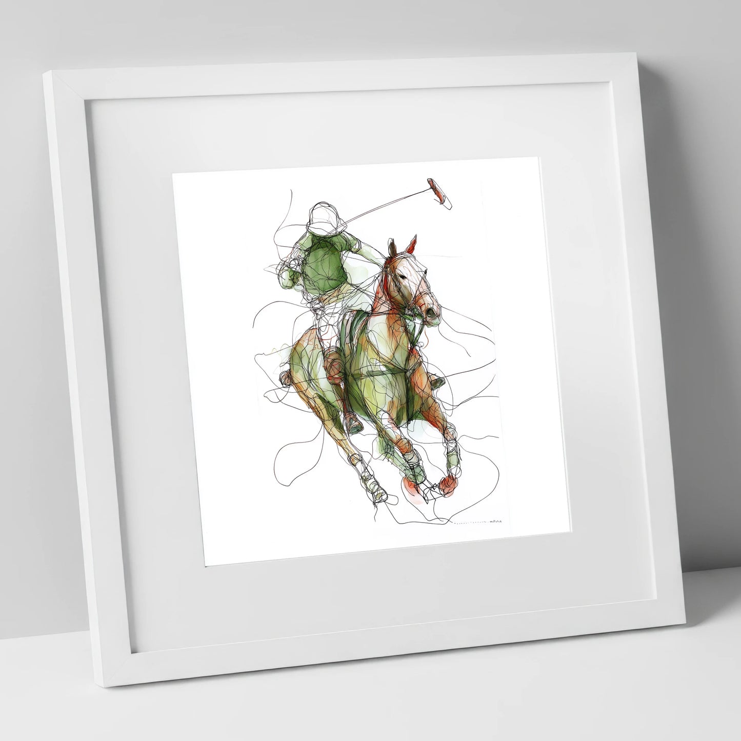 Kinetic Polo Strike polo horse art print in white frame