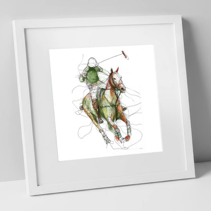 Kinetic Polo Strike polo horse art print in white frame