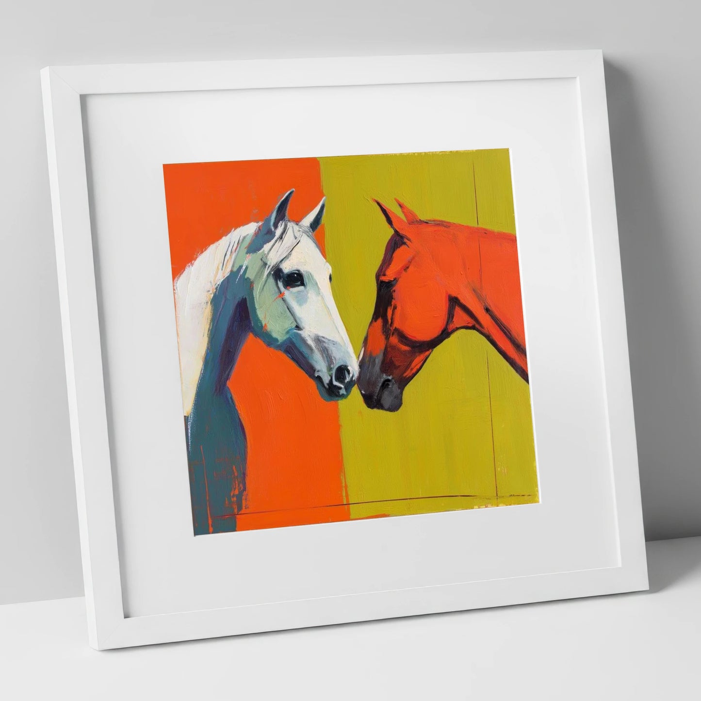 Vibrant Connection horse portrait art print in white frame