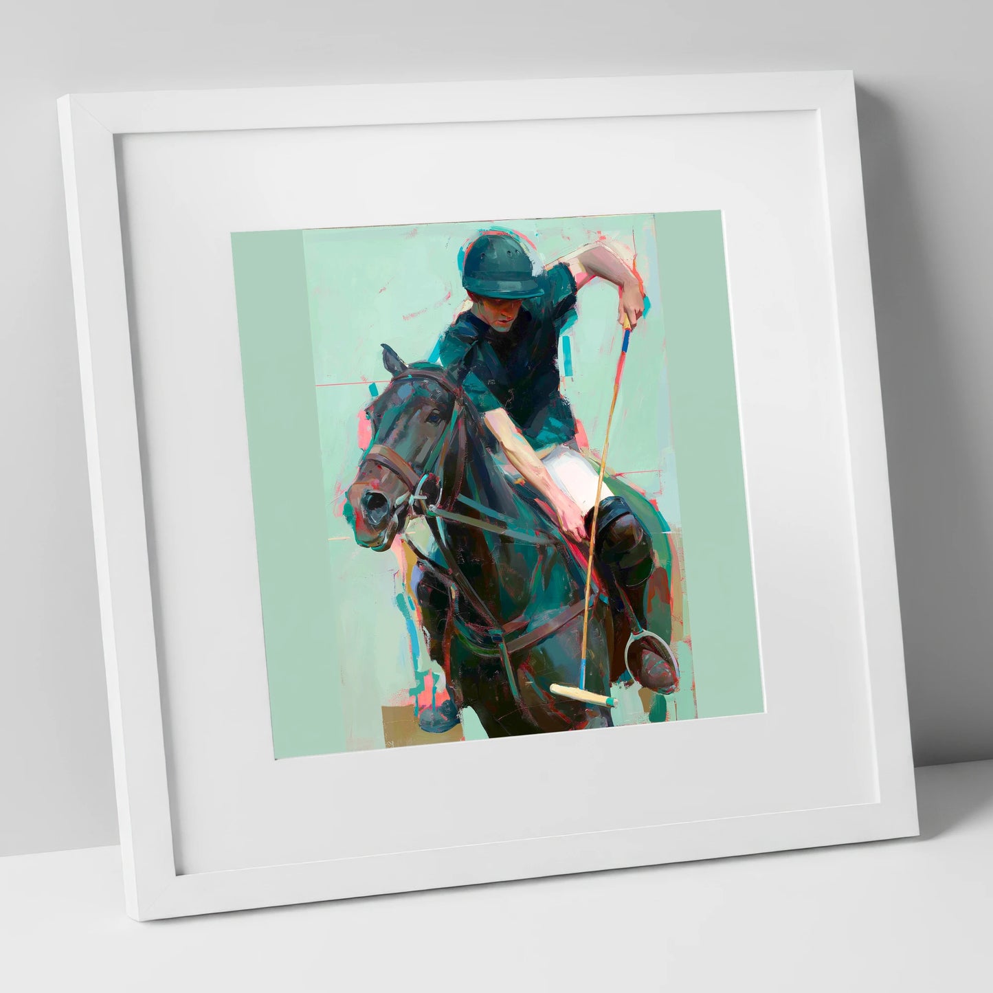 The Decisive Swing polo horse art print in white frame
