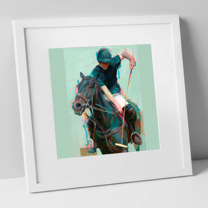 The Decisive Swing polo horse art print in white frame
