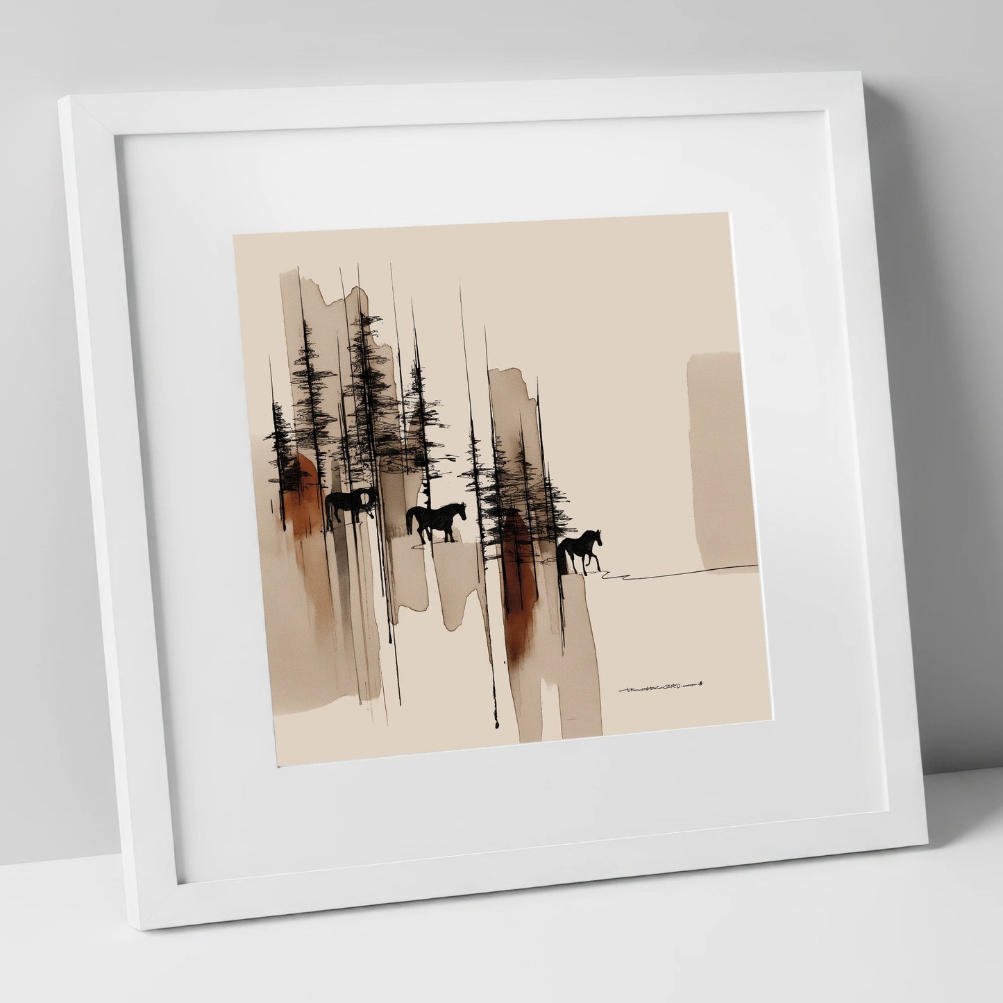 Wandering Through Pines horse landscape art print in white frame