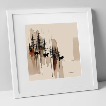 Wandering Through Pines horse landscape art print in white frame