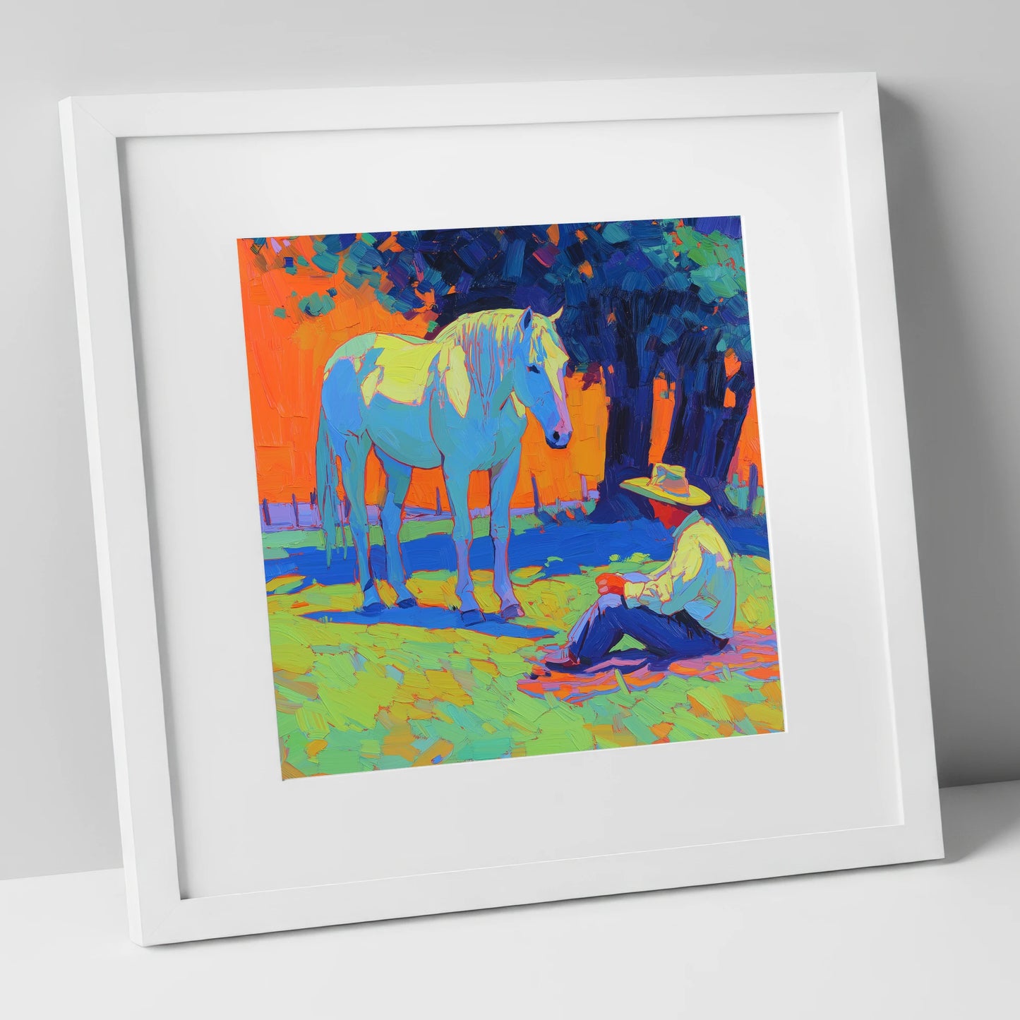 Vibrant Sunset Companion horse & rider art print in white frame