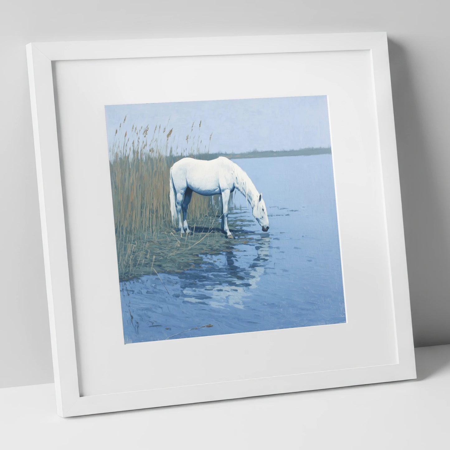 Quiet Marshland Waters horse landscape art print in white frame