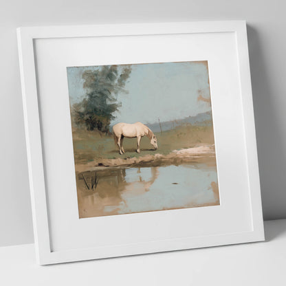 Pastoral Reflection horse landscape art print in white frame