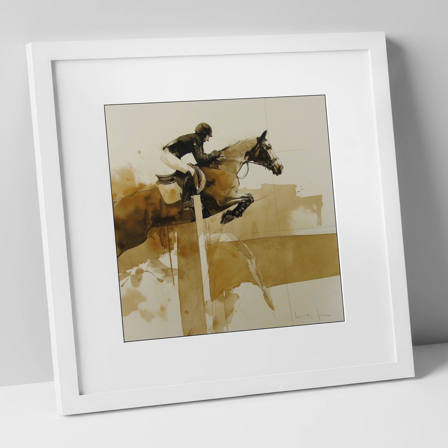 The Perfect Bascule show jumping horse art print in white frame