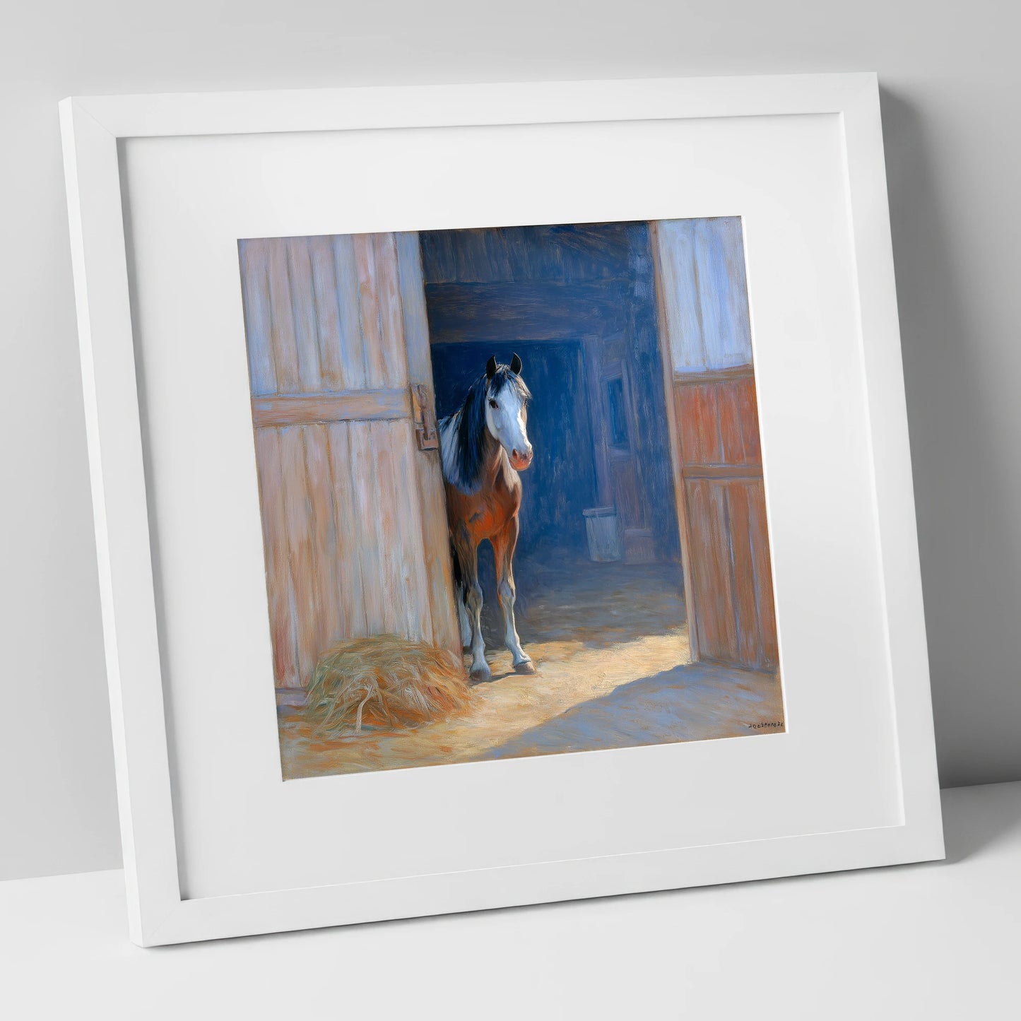 Sunlit Barn Doorway horse stable art print in white frame