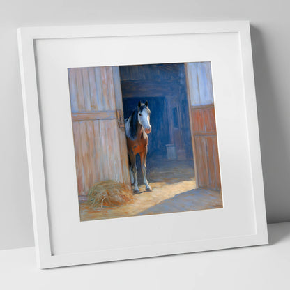 Sunlit Barn Doorway horse stable art print in white frame