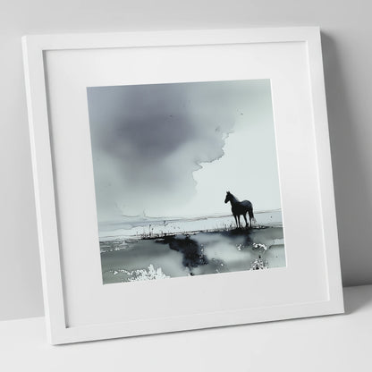 Quiet Grey Horizon horse landscape art print in white frame