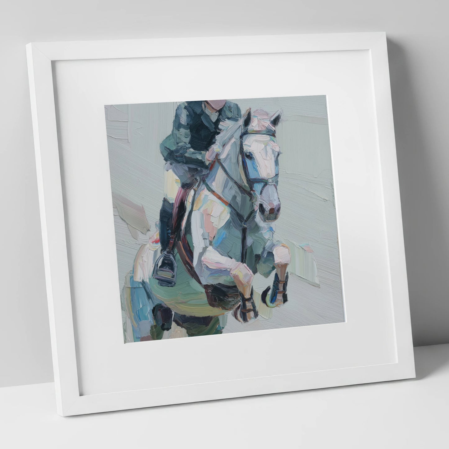 Flight in Grey show jumping horse art print in white frame