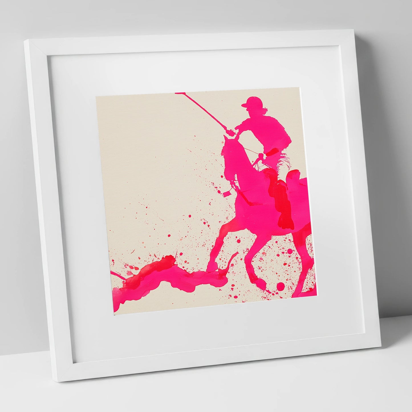 Vibrant Polo Strike polo horse art print in white frame