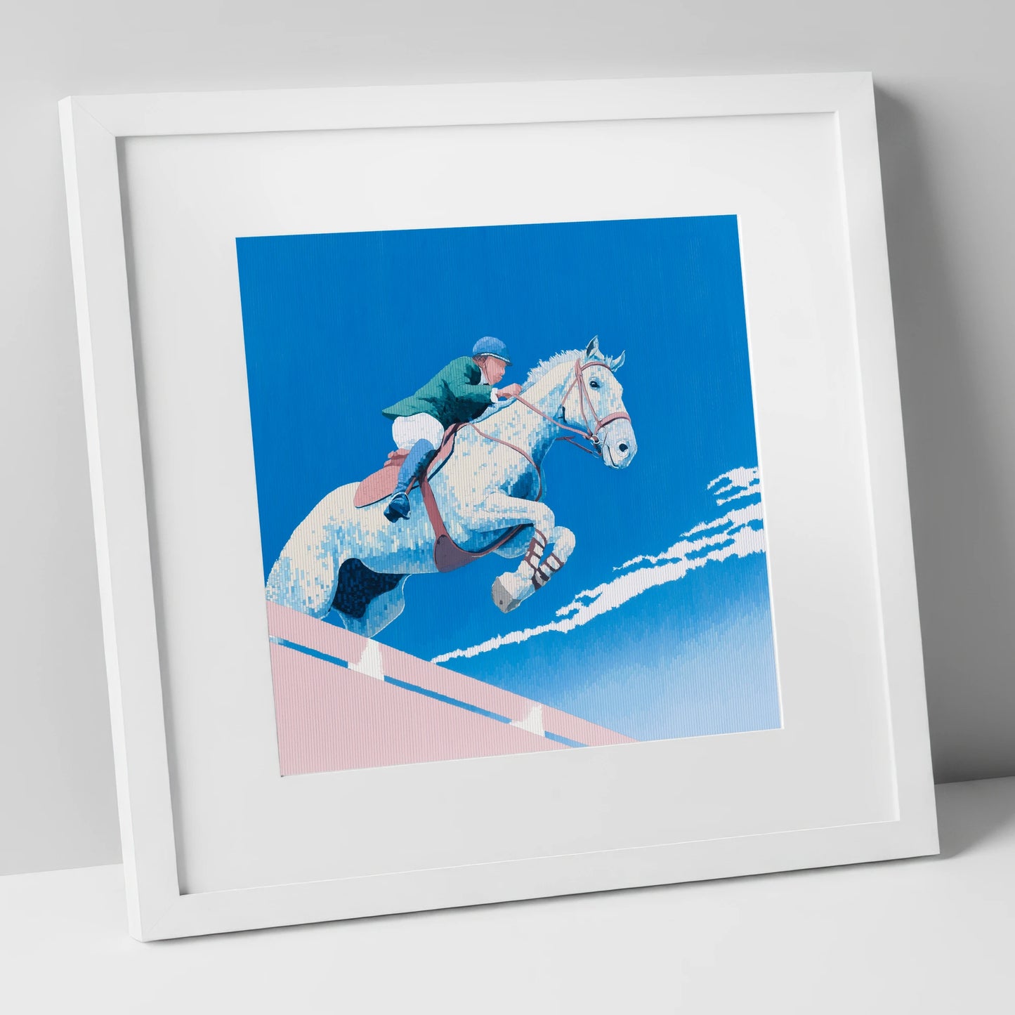 Airborne Over Blue show jumping horse art print in white frame