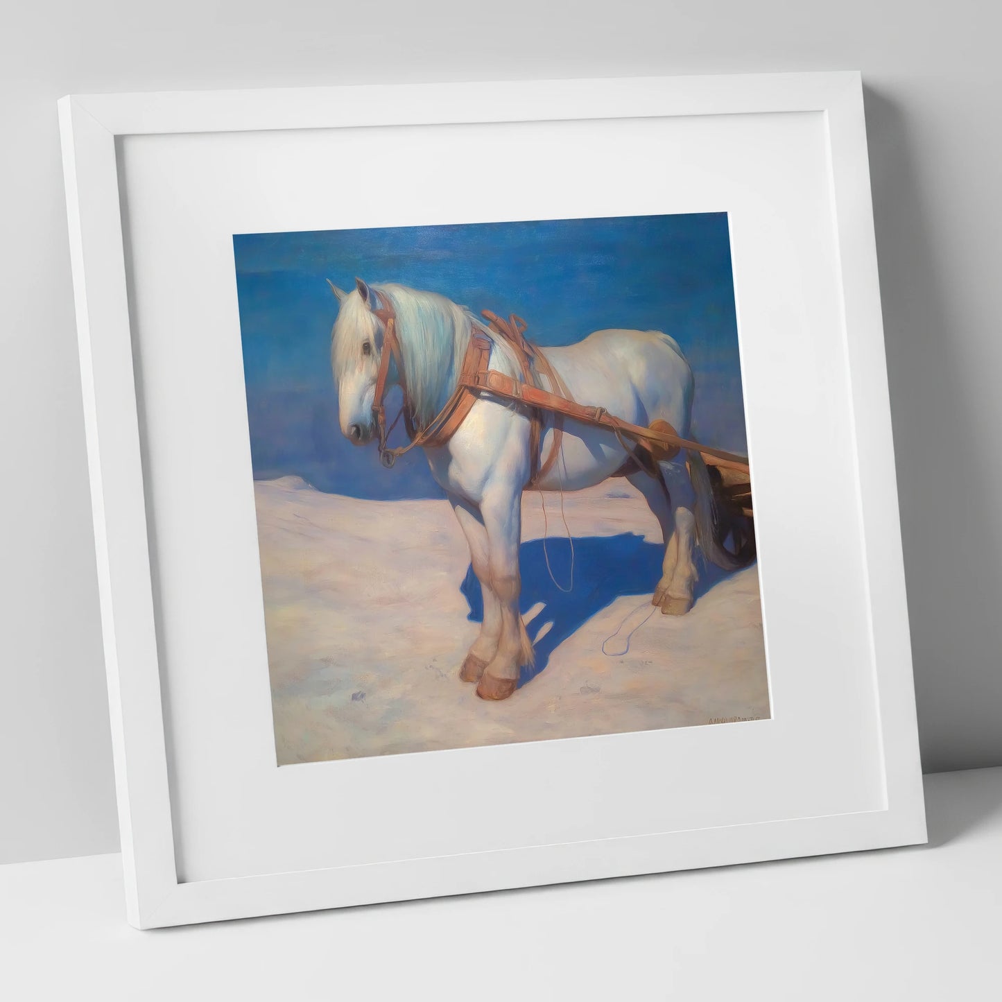 The Patient Grey working horse art print in white frame