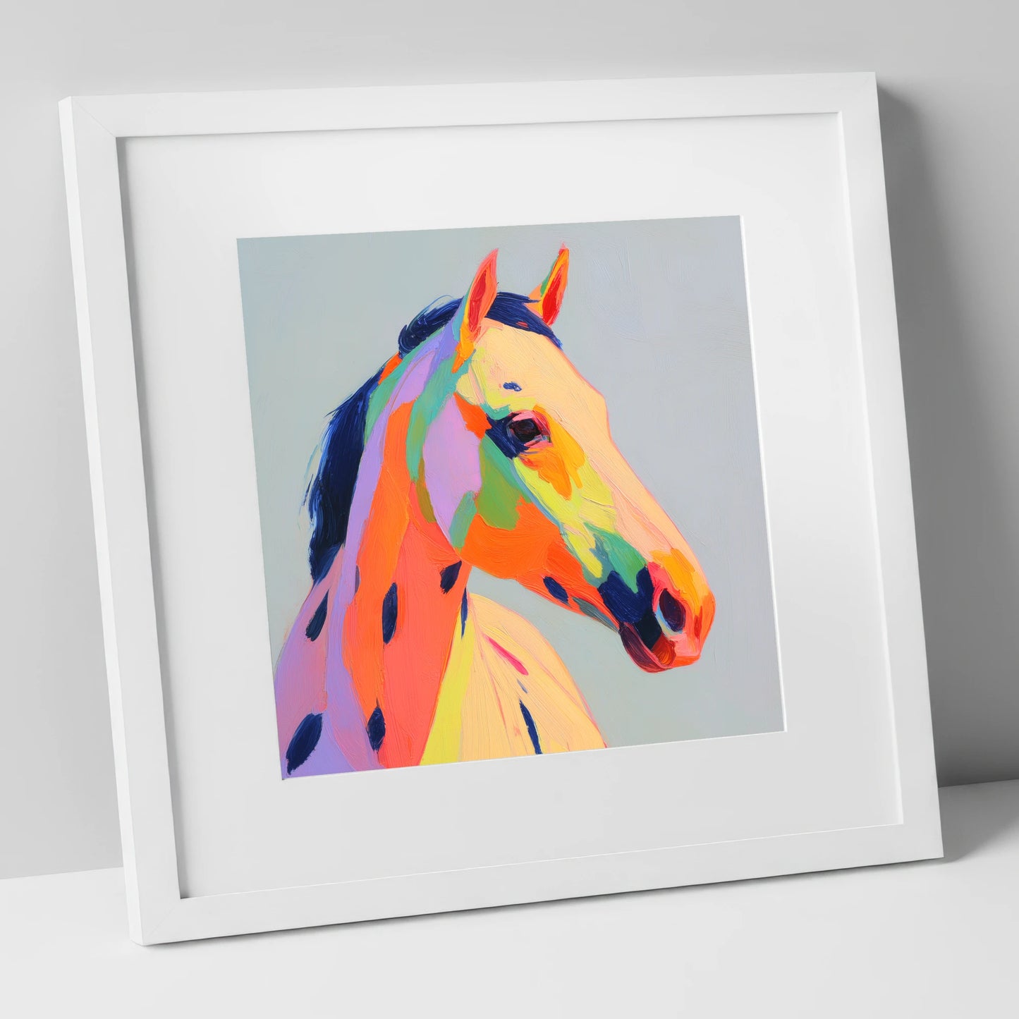 Technicolour Spirit horse breed art print in white frame