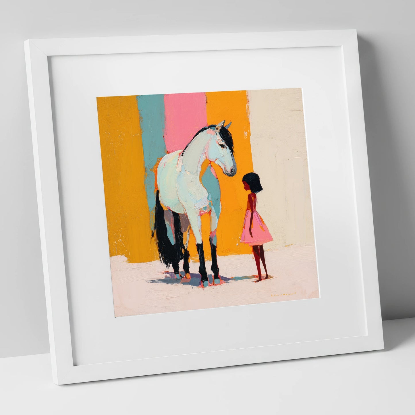 A Colourful Bond horse & rider art print in white frame