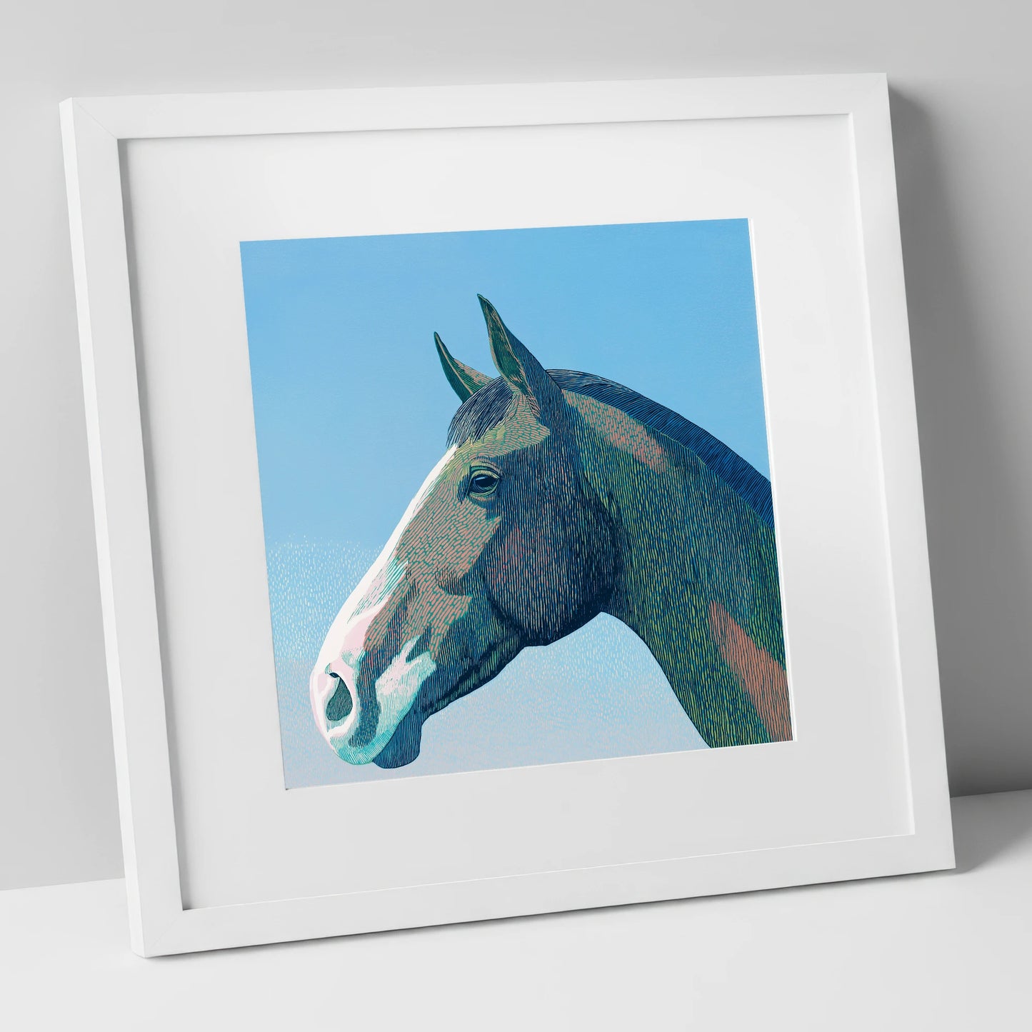 The Azure Profile horse portrait art print in white frame