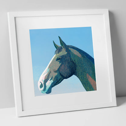The Azure Profile horse portrait art print in white frame