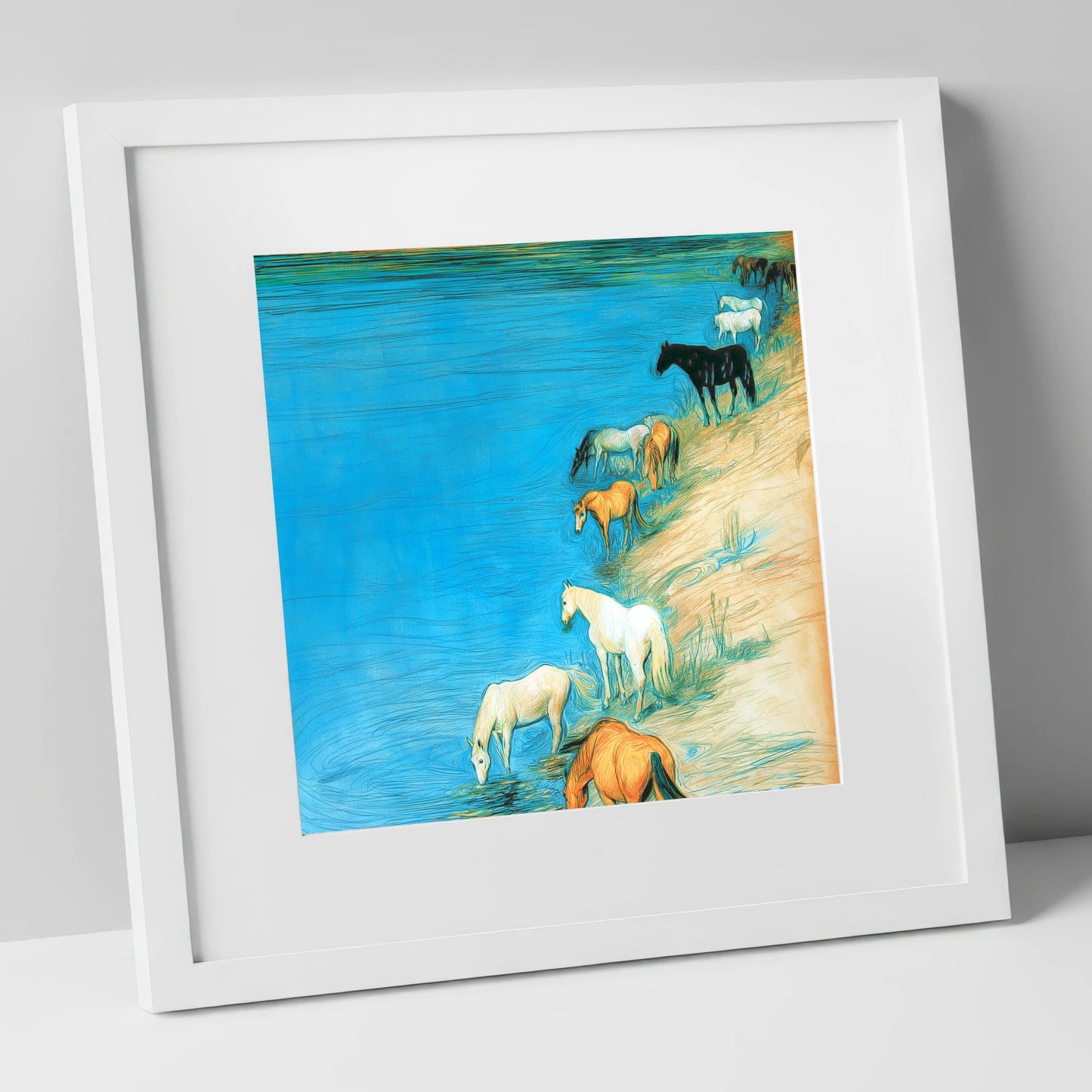 Cerulean River Herd wild horses art print in white frame