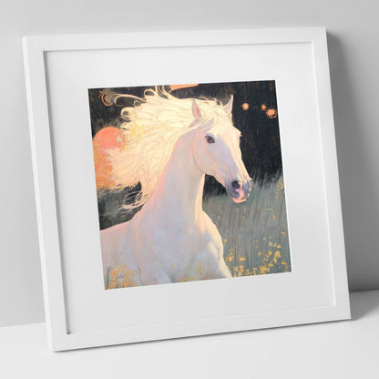 Celestial Grey horse portrait art print in white frame