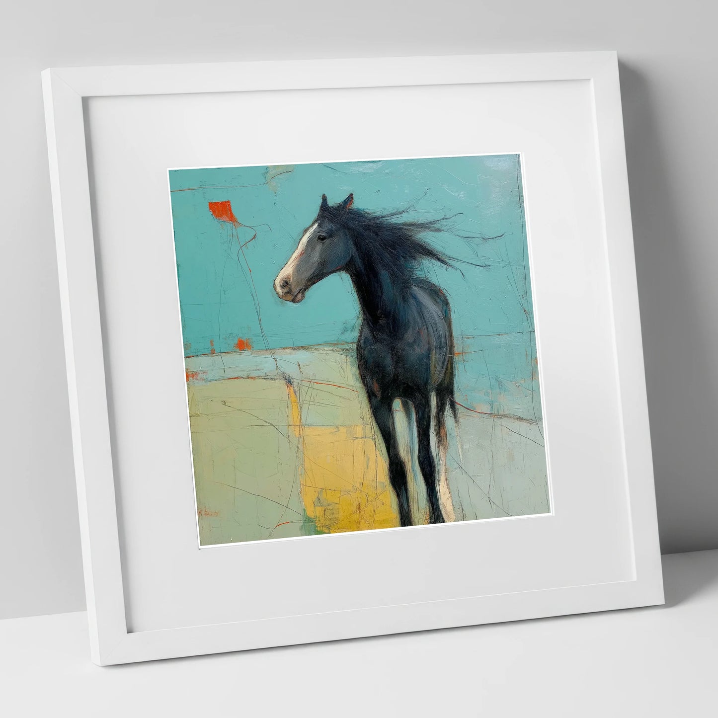 Abstract Windswept Equine horse portrait art print in white frame