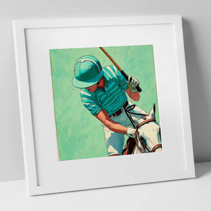 The Striker's Focus polo horse art print in white frame