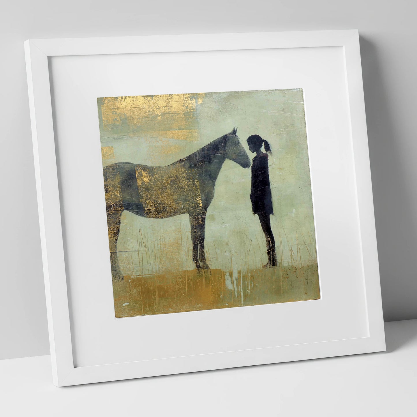 The Golden Bond horse & rider art print in white frame