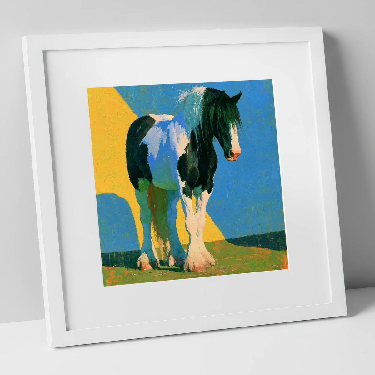 Piebald Cob in Bright Colours horse breed art print in white frame