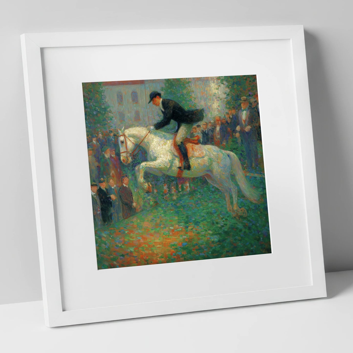 The Luminous Leap show jumping horse art print in white frame