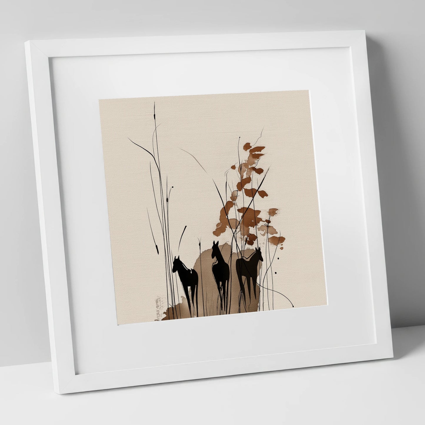 Serenity in the Reeds wild horses art print in white frame