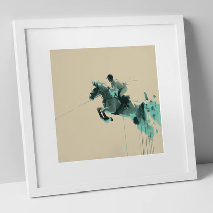 Suspended In Teal show jumping horse art print in white frame