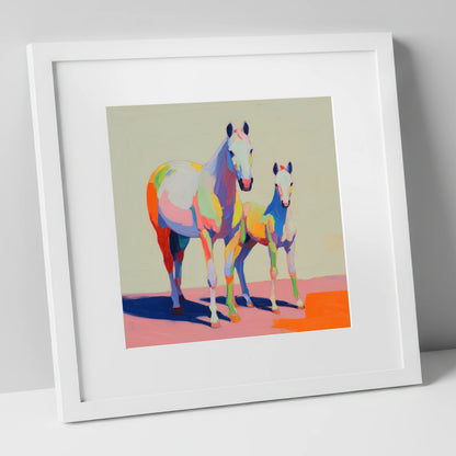 Technicolour Bond mare & foal art print in white frame