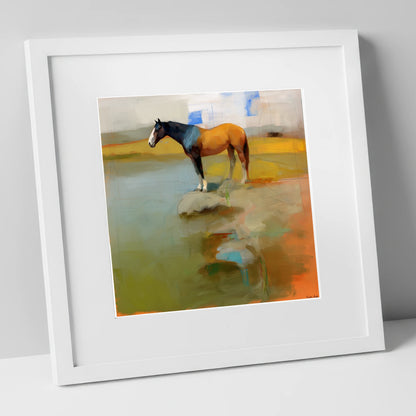 Vibrant Shoreline Reflection horse landscape art print in white frame