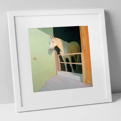 Sunlight and Shadows horse stable art print in white frame