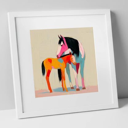 Vivid Maternal Bond mare & foal art print in white frame
