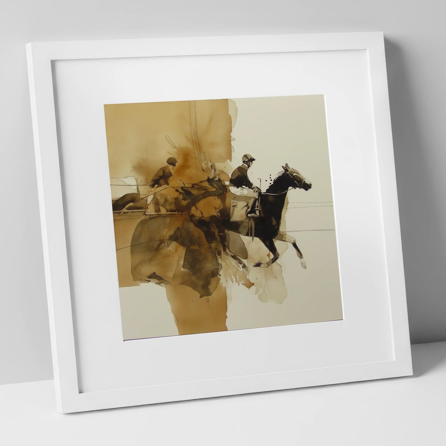 Surge of Sepia racing horse art print in white frame