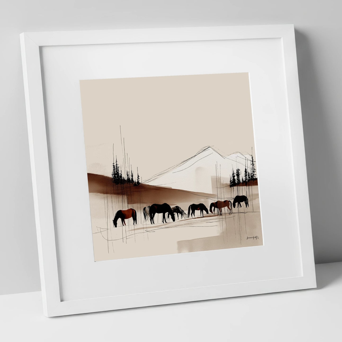 Tranquil Grazing Herd horse landscape art print in white frame