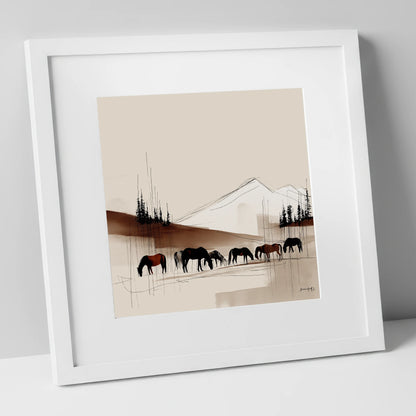 Tranquil Grazing Herd horse landscape art print in white frame
