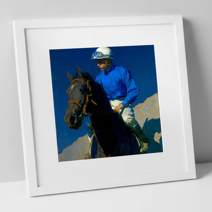Focus Under Cobalt Skies racing horse art print in white frame