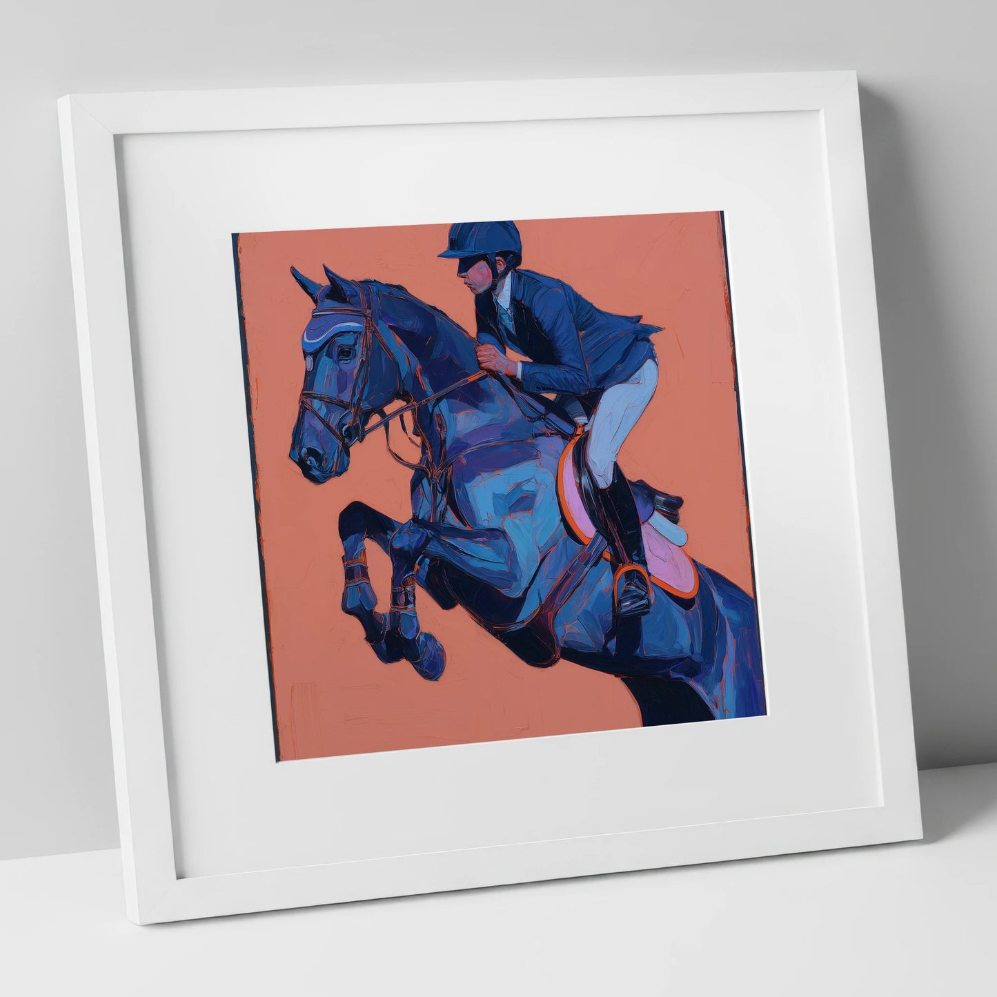 Indigo Flight show jumping horse art print in white frame