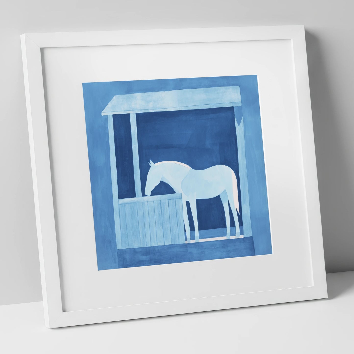 Indigo Solitude horse stable art print in white frame